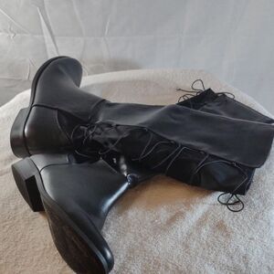 Sleek Gabby Faux Leather Black Lace Up Knee Boots -  Sz. 9.5